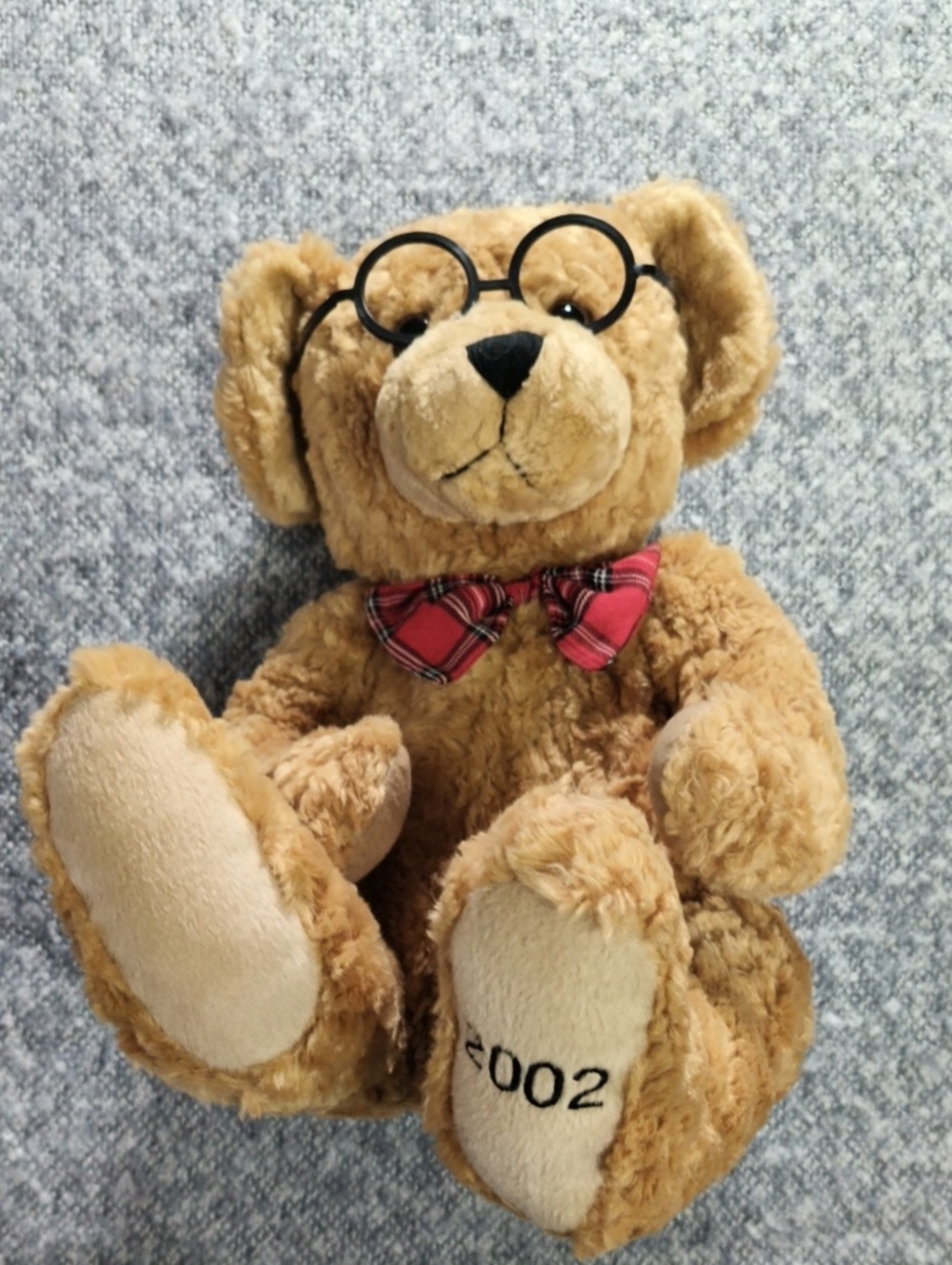 2002 Vintage Plush Brown Teddy Bear with Red Plaid Bow Round Glasses Collectible